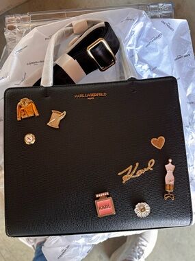Karl Lagerfeld Black Leather Tote with Gold & Pink Pin Accents